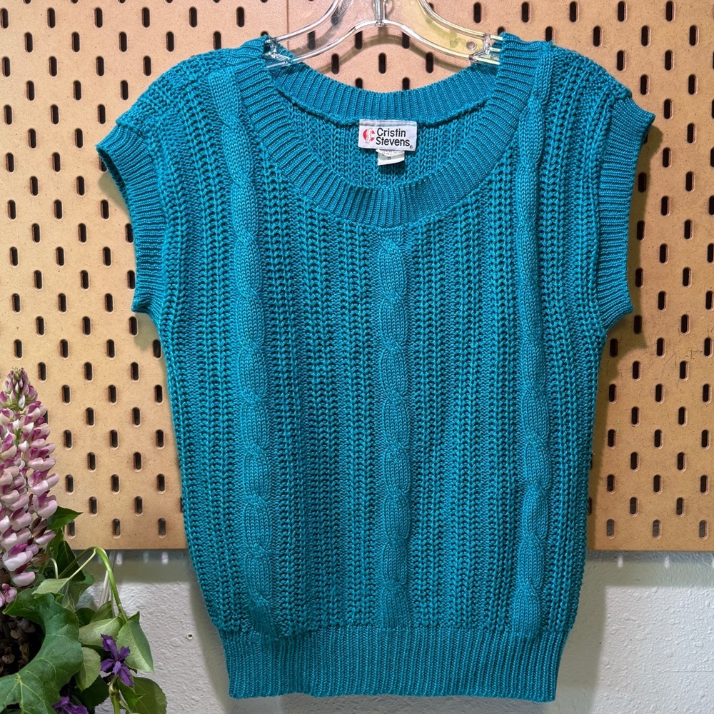 Vintage Cristin Stevens Teal Sleeveless Knit Sweater, Small/Medium